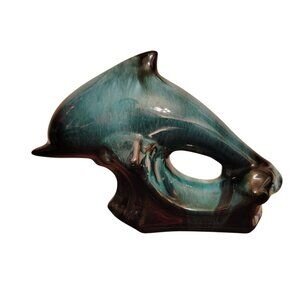 Blue Mountain Pottery Blue Green, Black Dolphin Figurine, 7"